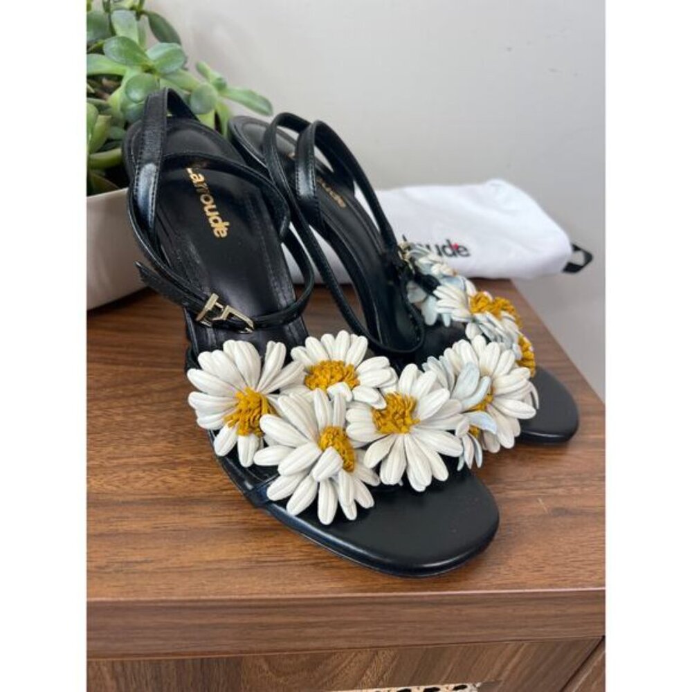 Larroudé Fiore Leather Floral Daisy Adjustable Ankle Strap Sandals Black Size: 7 - Picture 3 of 9